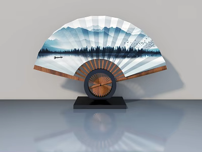 Hinged Door With Chinese Fan Mountain Water Pattern And Wooden Frame Design 3d model