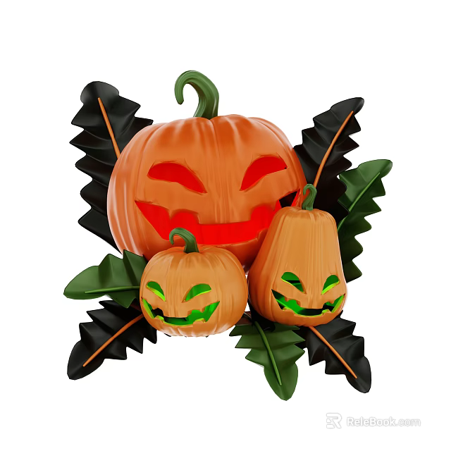 Decorative Pumpkin Shaped Ornament Set With Carved Smile Faces And Green Black Leaves 3d model 