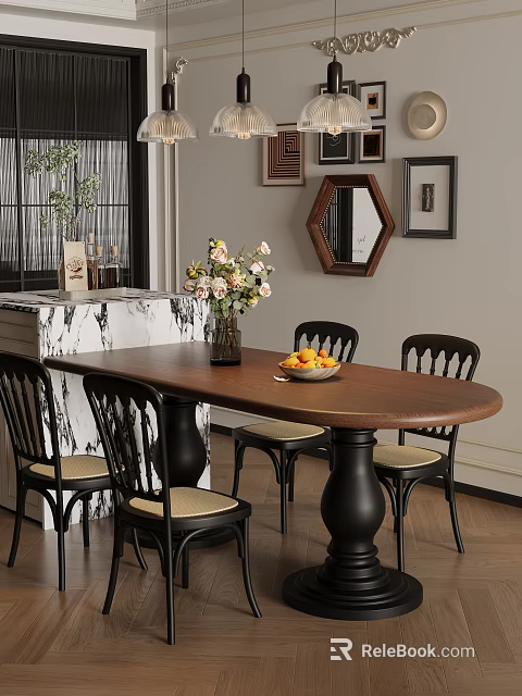 Retro Solid Wood Oval Dining Table With Classic Black Chairs For Cozy Home Dining Area 3d model 