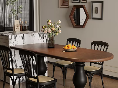 Retro Solid Wood Oval Dining Table With Classic Black Chairs For Cozy Home Dining Area 3d model