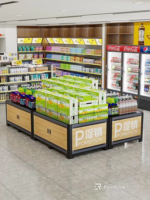 Store Display Shelves With Green Packaged Products And Promotion Signs For Retail Beverage Sales 3d model 