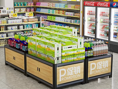 Store Display Shelves With Green Packaged Products And Promotion Signs For Retail Beverage Sales 3d model