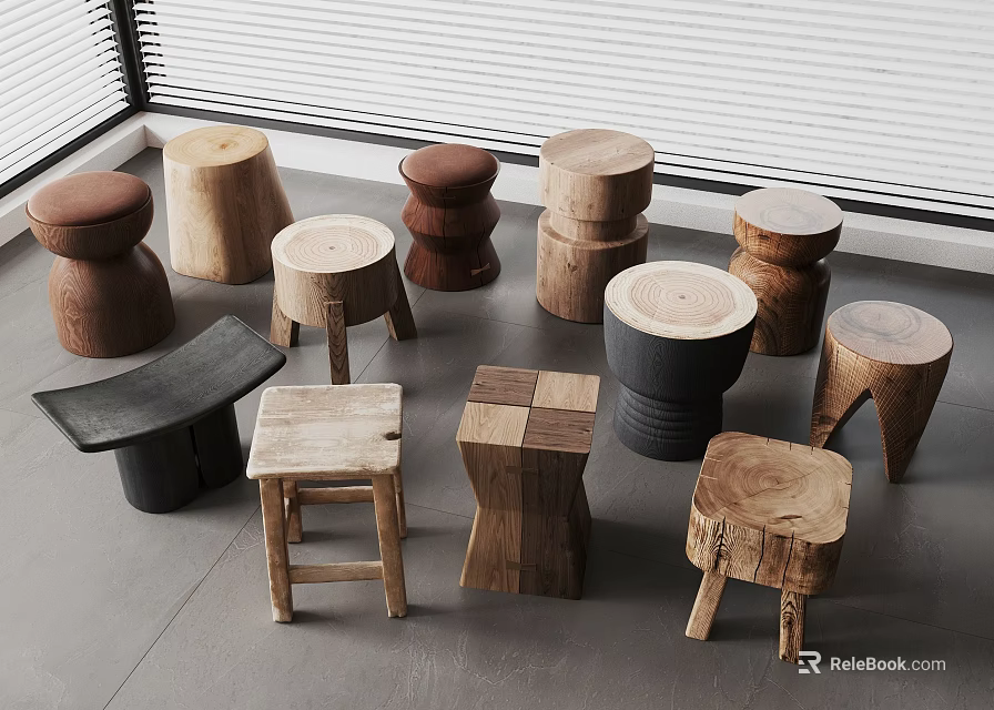 Various Designed Wooden Stools With Different Shapes And Colors In Indoor Space 3d model 