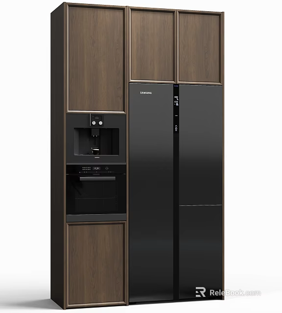 Modern Wooden Sideboard with Brown Storage Cabinets and Black Appliances 3d model 