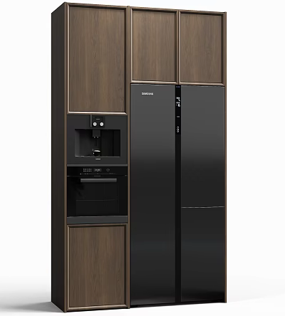 Modern Wooden Sideboard with Brown Storage Cabinets and Black Appliances 3d model