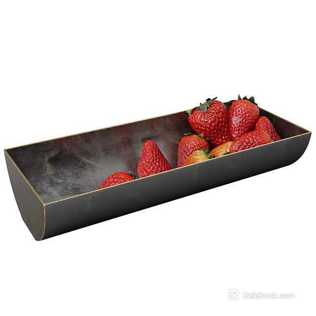 Fresh Red Strawberries with Green Leaves in Black Rectangular Tray 3d model 