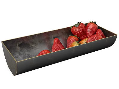 Fresh Red Strawberries with Green Leaves in Black Rectangular Tray 3d model