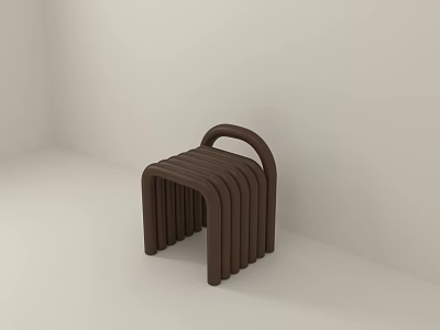 Brown Stool with Curved Backrest and Multiple Vertical Slats in Minimalist White Space Design 3d model