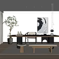 Minimalist Tea Room Interior With Wooden Tea Table Plant And Decorative Painting