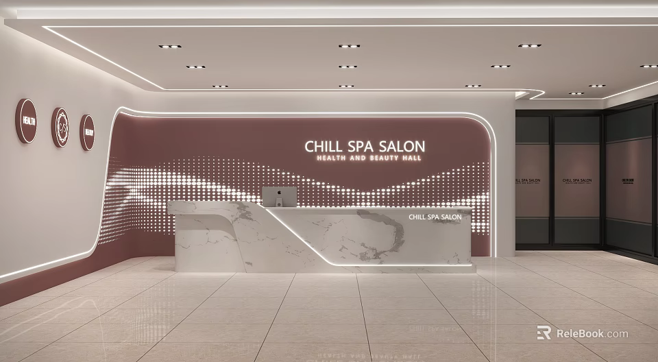 Public Office Area With Reception Desk Marble Countertop Pink Wall Lighting Strips And Floor Tiles 3d model 