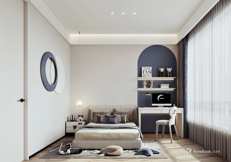 Cozy Modern Kids Room Interior With Bed Desk Chair Round Mirror And Decorative Shelves 3d model 