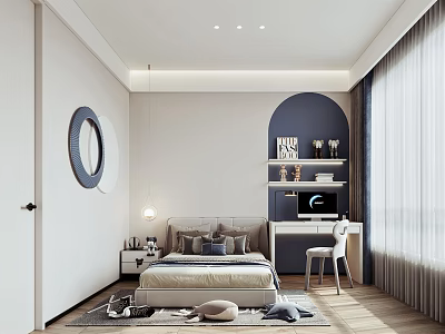 Cozy Modern Kids Room Interior With Bed Desk Chair Round Mirror And Decorative Shelves 3d model