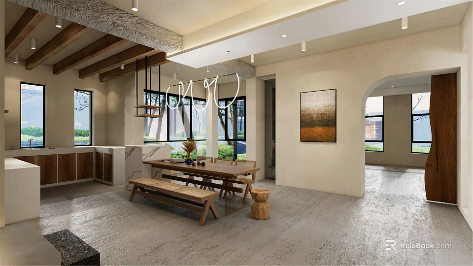 Rustic Modern Dining Room With Wooden Table Bench Seating Pendant Lights And Natural Light 3d model 