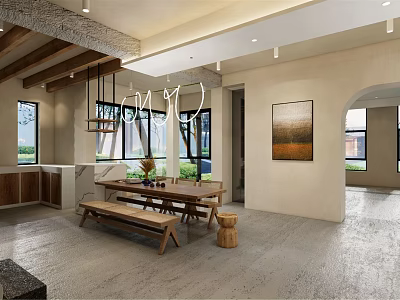 Rustic Modern Dining Room With Wooden Table Bench Seating Pendant Lights And Natural Light 3d model