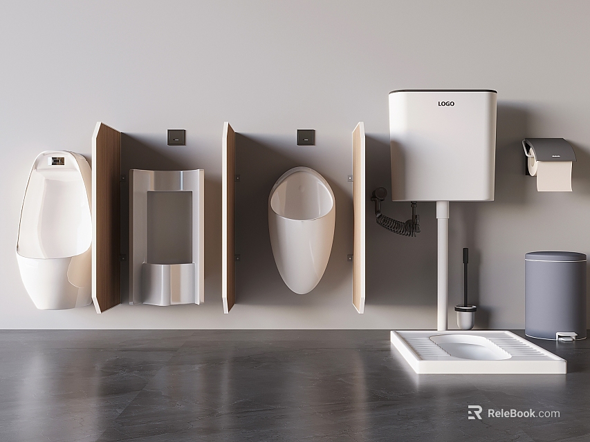 Modern Wall Mounted Bathroom Accessories With Urinals Tank And Bins 3d model 