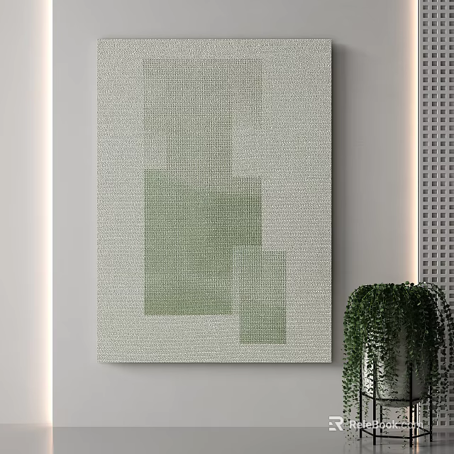 Square Rug With Green Geometric Patterns For Modern Interior Decor And Potted Plant 3d model 