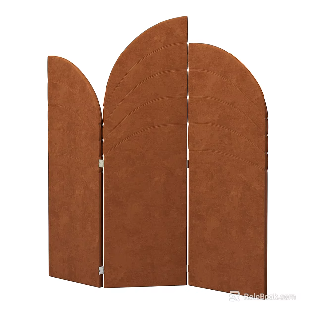 Brown Velvet Folding Screen With Arched Panels For Room Divider Decor 3d model 
