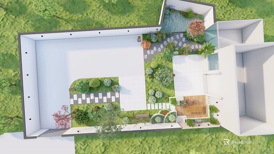 Garden Landscape Design With Greenery Water Feature Stone Pathway And Seating Area 3d model 