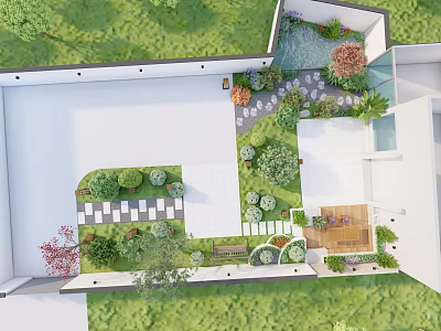 Garden Landscape Design With Greenery Water Feature Stone Pathway And Seating Area 3d model