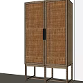 Minimalist Wooden Wardrobe With Rattan Doors Black Handles And Natural Wood Frame