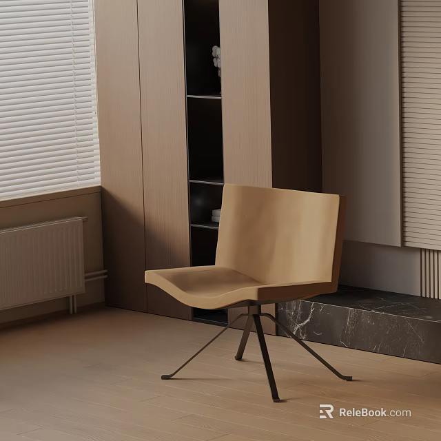 Modern Tan Accent Chair With Metal Legs Against Wooden Wall Open Shelf And Window Blinds 3d model 