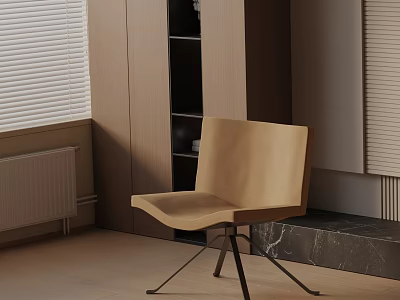 Modern Tan Accent Chair With Metal Legs Against Wooden Wall Open Shelf And Window Blinds 3d model