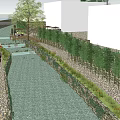 Riverside Waterfront Landscape With Stone Path Stream Trees And Recreational Greenery
