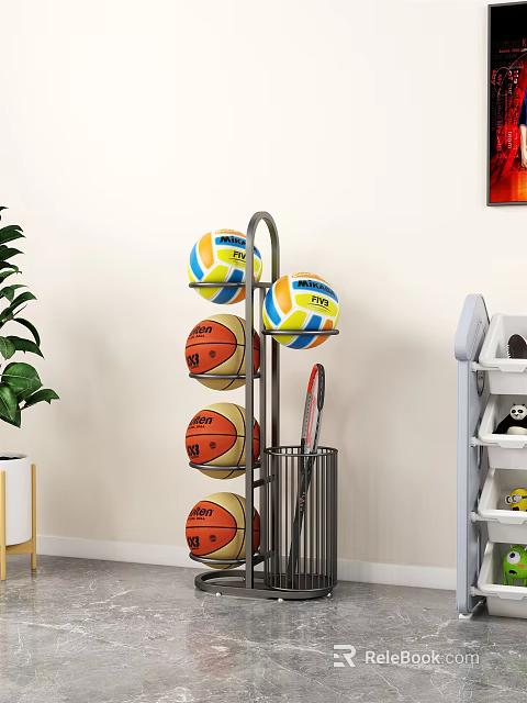 Multilayer Sports Equipment Storage Rack With Volleyballs Basketballs And Rackets Indoors 3d model 