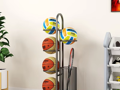 Multilayer Sports Equipment Storage Rack With Volleyballs Basketballs And Rackets Indoors 3d model