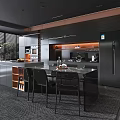 Black Modern Kitchen Interior With Island Counter Chairs Cabinets Hanging Lights And Brick Wall Accent