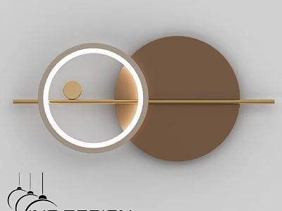 Modern Round Wall Lamps Featuring White Light Ring And Brown Backplate With Gold Bar 3d model