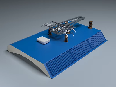 Blue Platform Featuring Metal Structure Two Brown Cylindrical Objects And White Square Block 3d model