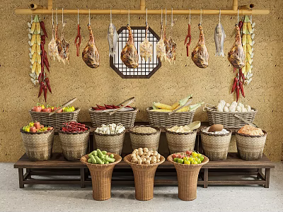 Traditional Rural Food Display With Hanging Meats And Baskets Of Produce 3d model