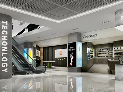 Modern Shopping Mall Lobby With Escalator Aesop Store Technology Signage Spacious Interior And Marble Floor 3d model