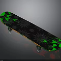 Skateboard Deck Featuring Green Flame Design Black Sun Patterns And Orange Trim