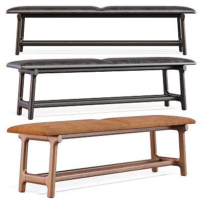 Modern Sofa Bench With Black Leather Brown Fabric Seats And Wooden Frame Design 3d model