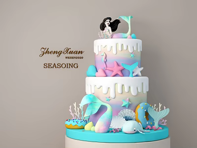 Two Layer Ocean Theme Cake with Mermaid Starfish Dolphin Donut Dripping Frosting 3d model