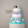 Two Layer Ocean Theme Cake with Mermaid Starfish Dolphin Donut Dripping Frosting