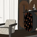 Black Chest of Drawers With Orange Floral Motifs And Decorative Items In Stylish Interior