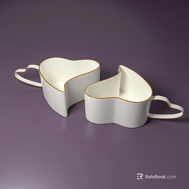 White Heart Shaped Mugs With Gold Rim Two Piece Design On Purple Background 3d model 