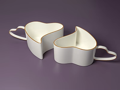 White Heart Shaped Mugs With Gold Rim Two Piece Design On Purple Background 3d model