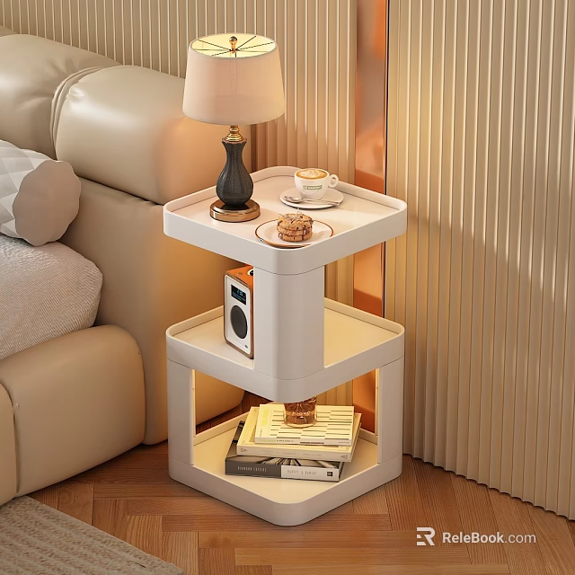 Modern White Bedside Table With Layered Design Lamp Coffee Cup Radio And Books 3d model 