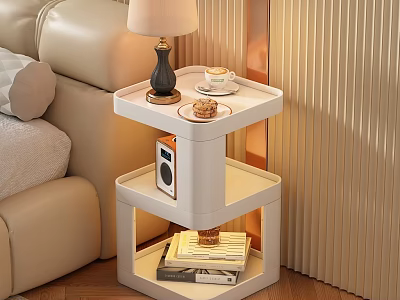 Modern White Bedside Table With Layered Design Lamp Coffee Cup Radio And Books 3d model