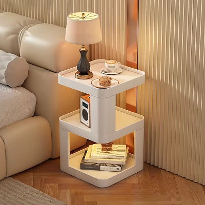 Modern White Bedside Table With Layered Design Lamp Coffee Cup Radio And Books 3d model