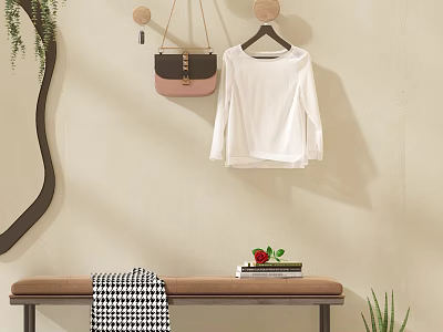 Wooden Hooks On Wall Hanging Black Pink Bag White Top Near Bench With Books Flower And Plant 3d model