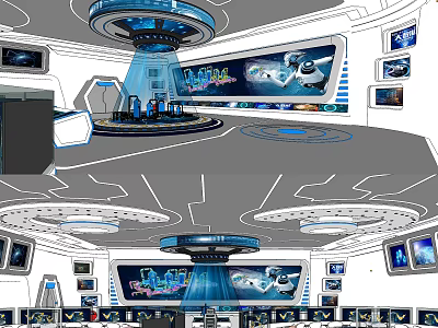 Futuristic Control Room Interior With Circular Console Multiple Screens And Blue Lighting 3d model