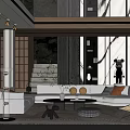 Modern Living and Dining Room Interior Design With Sofa Dining Table Art and Pendant Lights