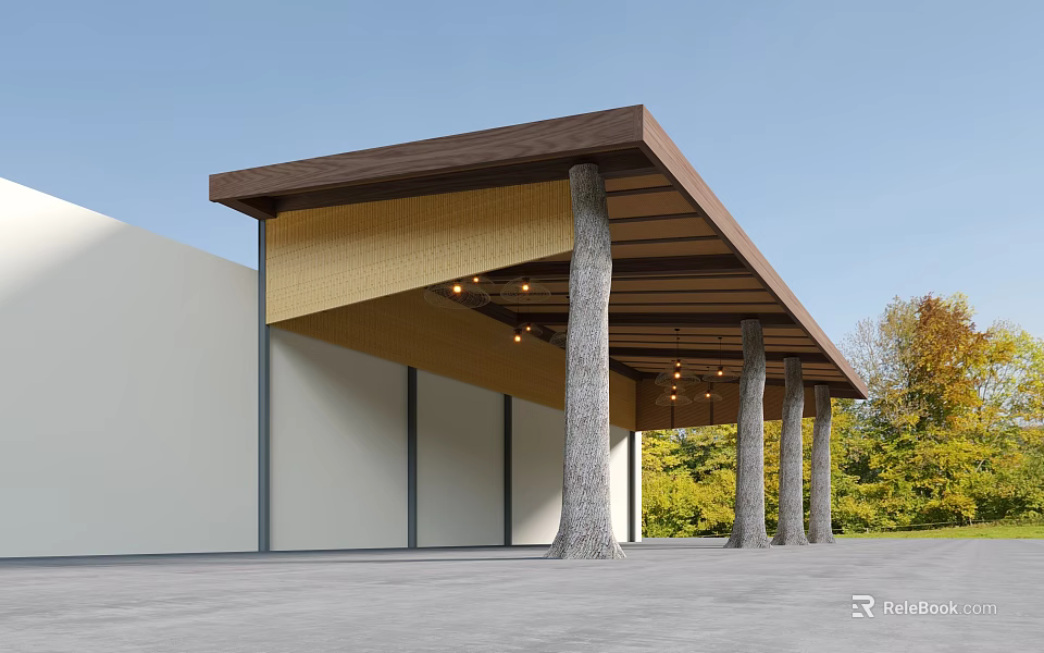 Wooden Canopy Supported by Tree Trunk Like Pillars on Modern Building Surrounded by Greenery 3d model 