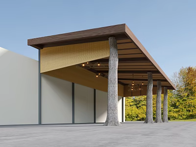 Wooden Canopy Supported by Tree Trunk Like Pillars on Modern Building Surrounded by Greenery 3d model