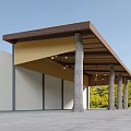 Wooden Canopy Supported by Tree Trunk Like Pillars on Modern Building Surrounded by Greenery